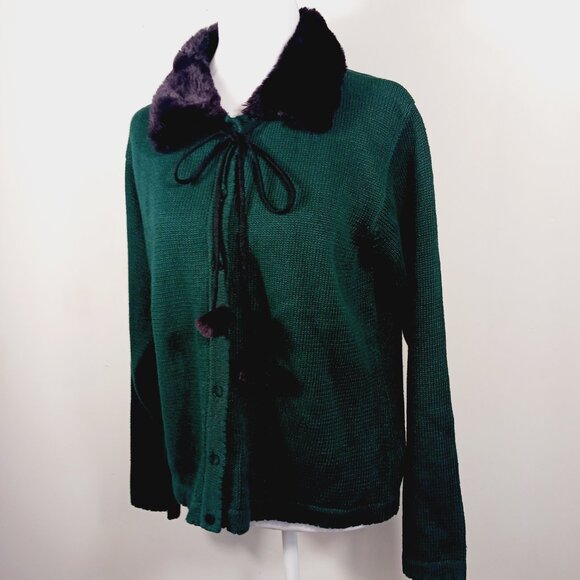 Vintage Marisa Christina Drk Green Cardigan Faux Fur Collar W Pom Christmas 2001 - Picture 5 of 15